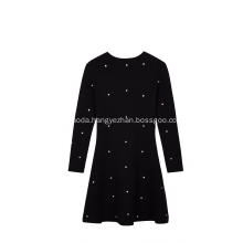 Women's Knitted Crew-Neck Crystal button Midi Party Dress